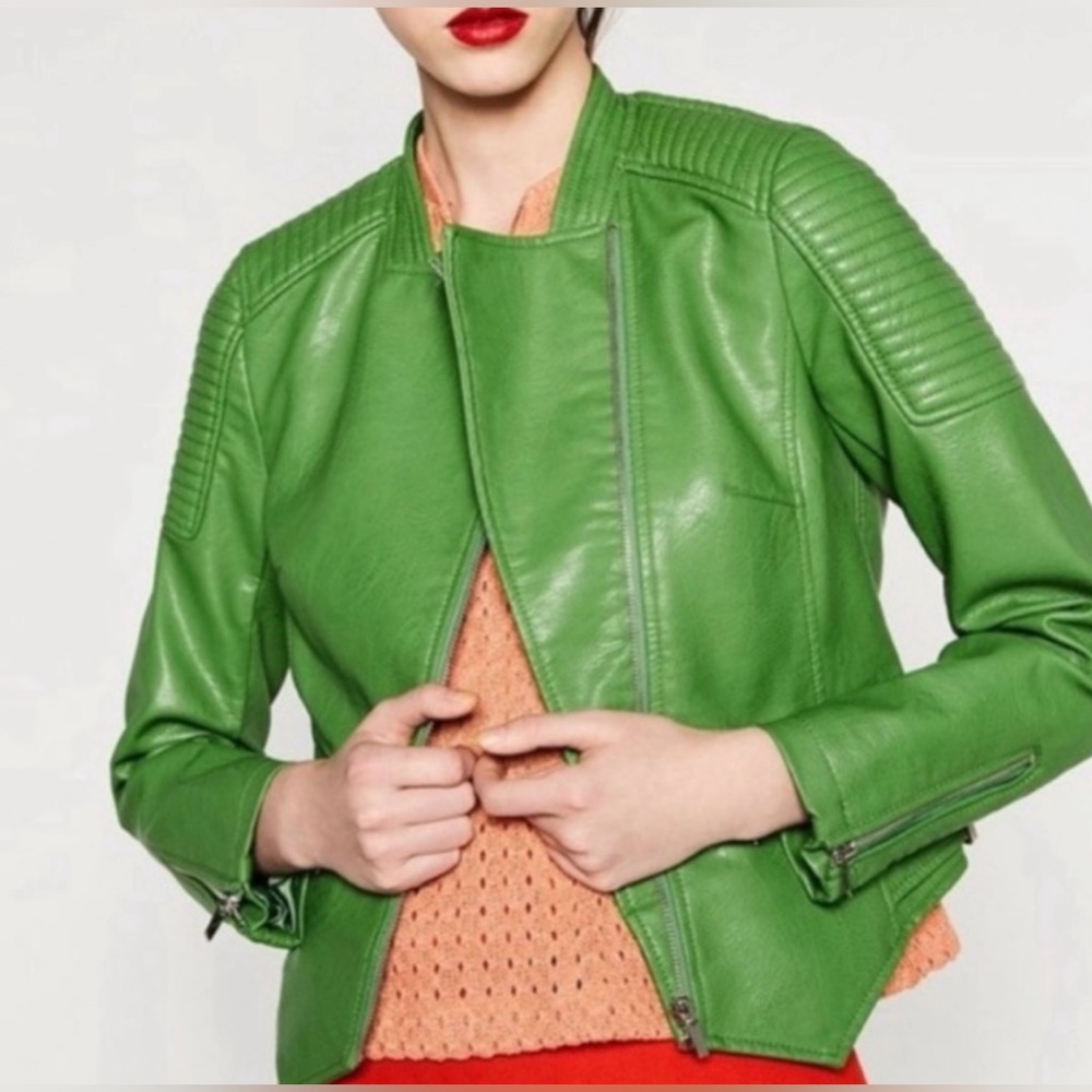 ZARA Outerwear Green Faux Leather Jacket